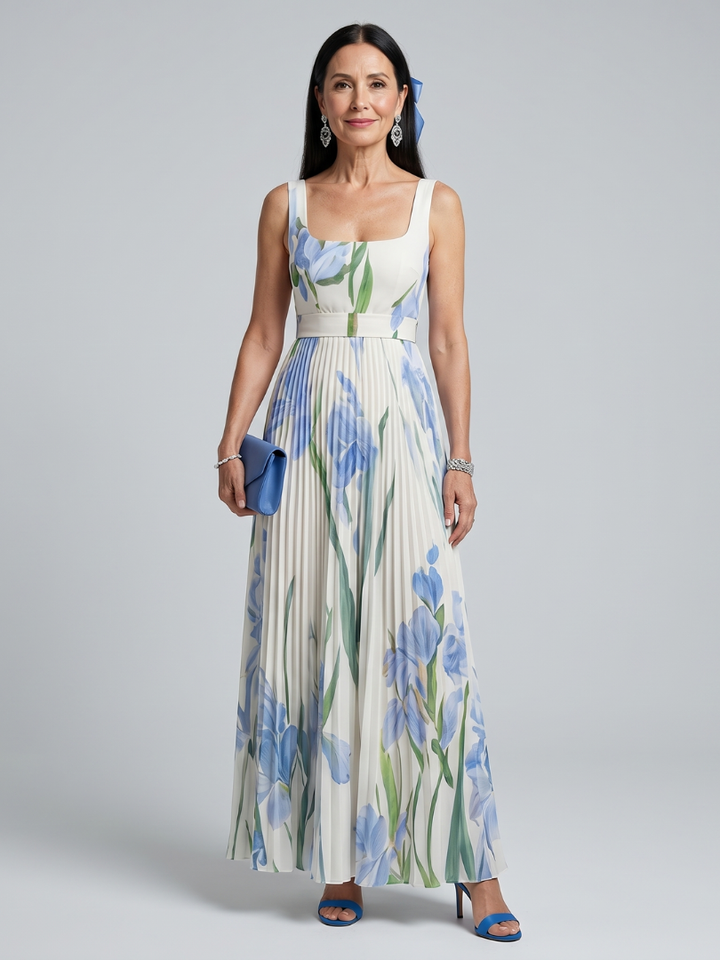 Ophelia | Vestido midi sem mangas com padrão floral e decote quadrado