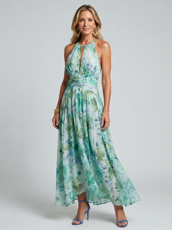 Portia | Vestido midi plissado sem alças com delicado padrão floral