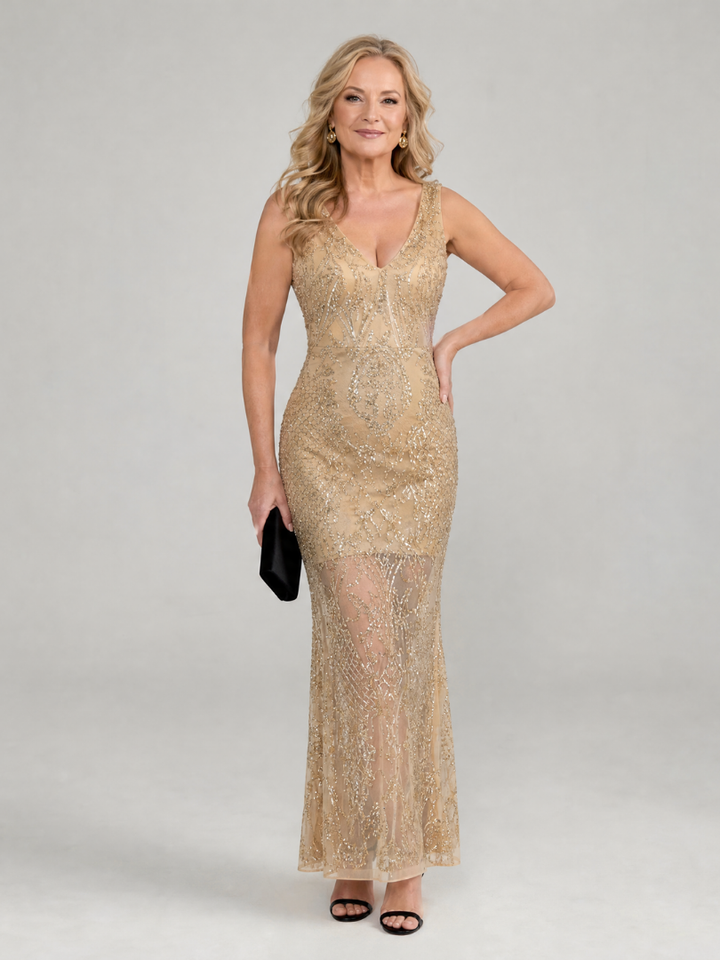 Sirea | Vestido midi sem mangas com lantejoulas e painéis transparentes