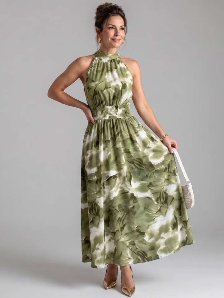 Olivia | Vestido midi com estampado abstrato e faixa de folhos na cintura