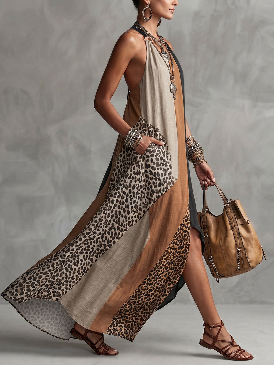 LUCIA | Vestido Maxi Frente Única com Estampado Leopardo e Painéis Assimétricos