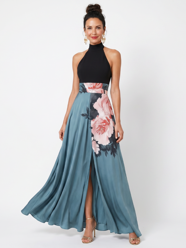 Olympas | Vestido maxi com corpete sem alças e saia floral