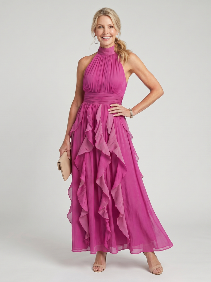 Orea | Vestido maxi com folhos e gola alta