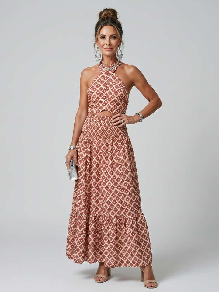 Amira | Vestido midi com estampado geométrico e alças cruzadas