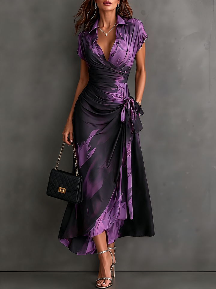 Vestido Midi Trespassado Roxo e Preto