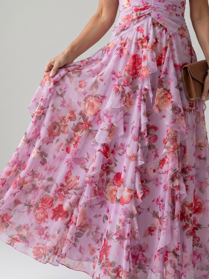 Nori | Vestido maxi floral com decote coração e corpete com folhos