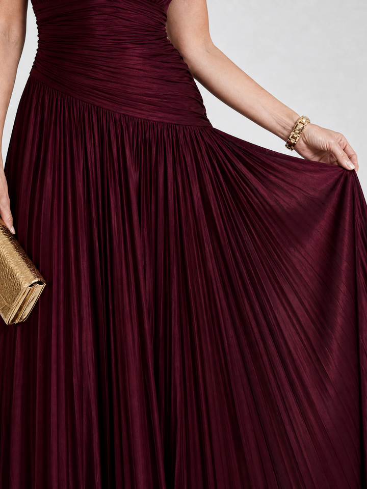 Lemar™ - Vestido Midi Plissado Sem Mangas com Decote em V