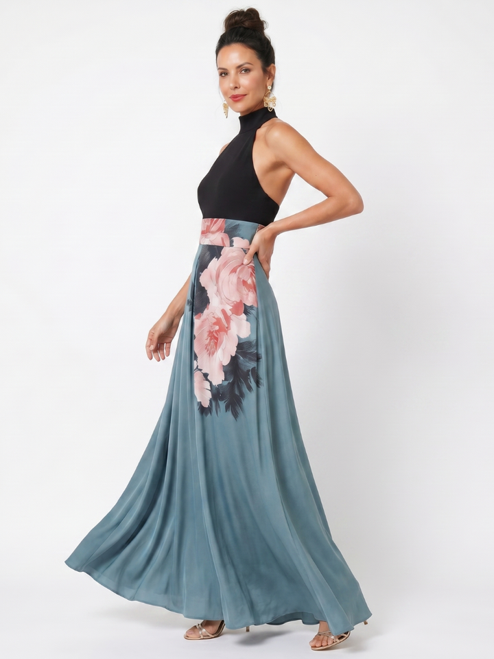 Olympas | Vestido maxi com corpete sem alças e saia floral