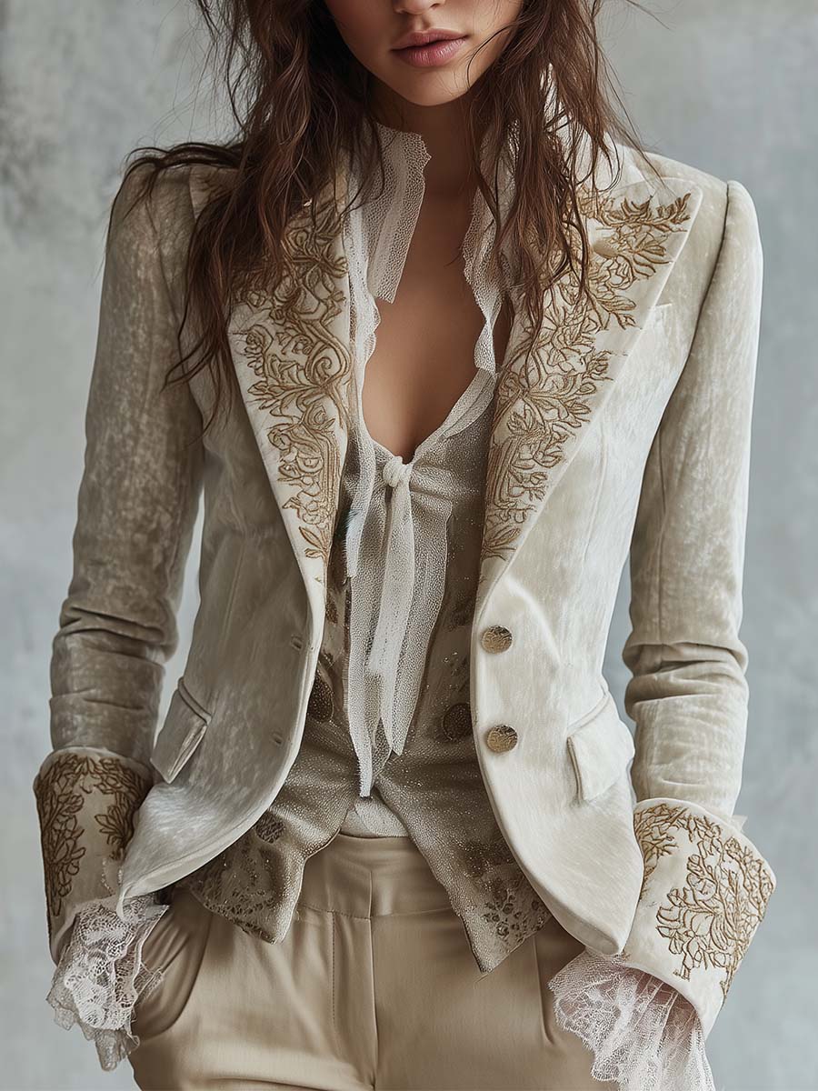 Blazer Feminino Cintado Marfim com Bordado