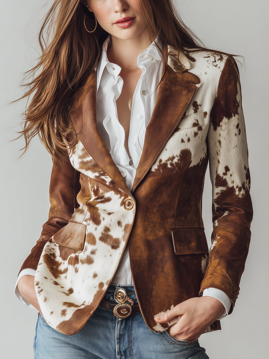 Blazer Vintage Feminino com Padrão de Vaca – Opção Sustentável
