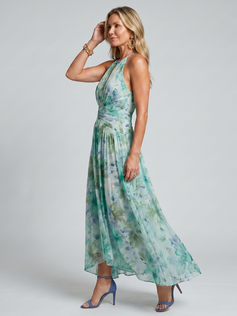 Portia | Vestido midi plissado sem alças com delicado padrão floral