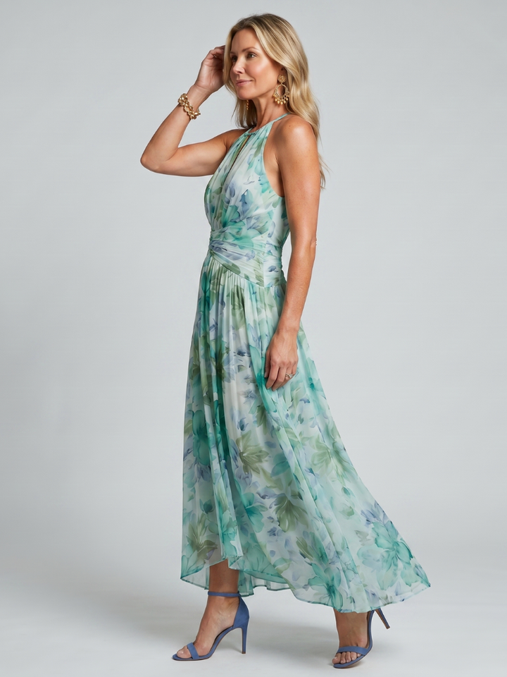 Portia | Vestido midi plissado sem alças com delicado padrão floral