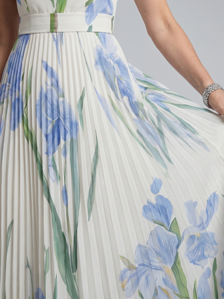Ophelia | Vestido midi sem mangas com padrão floral e decote quadrado