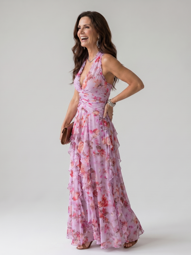 Nori | Vestido maxi floral com decote coração e corpete com folhos