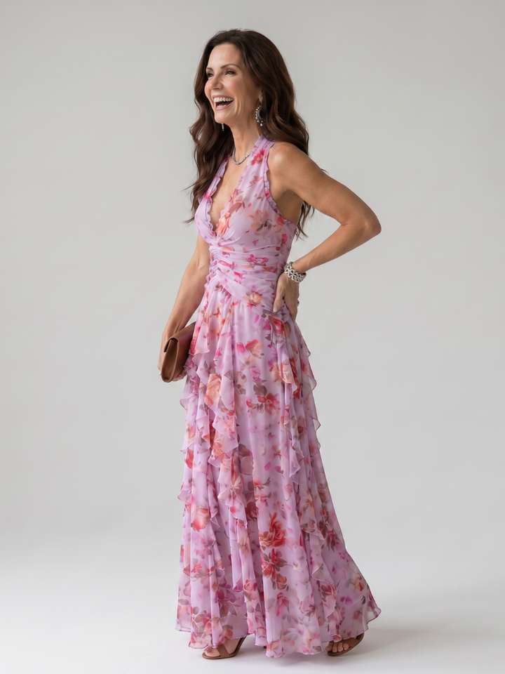 Nori | Vestido maxi floral com decote coração e corpete com folhos