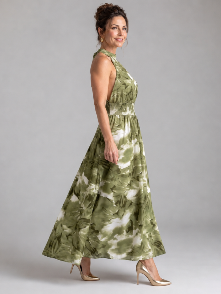 Olivia | Vestido midi com estampado abstrato e faixa de folhos na cintura