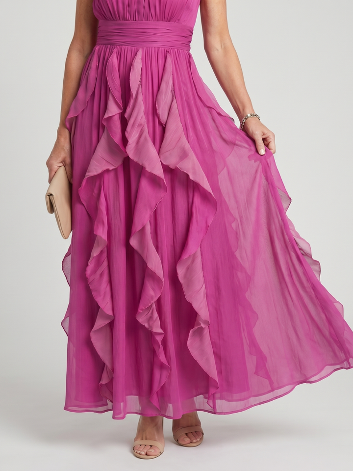 Orea | Vestido maxi com folhos e gola alta