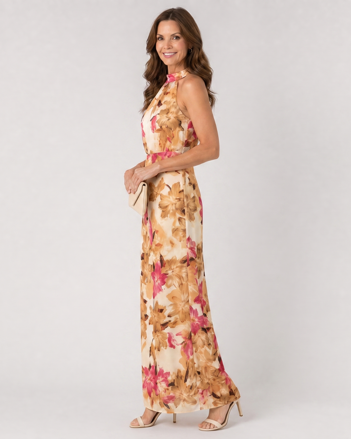 Cekel | Vestido midi com estampado botânico, costas abertas e saia fluida