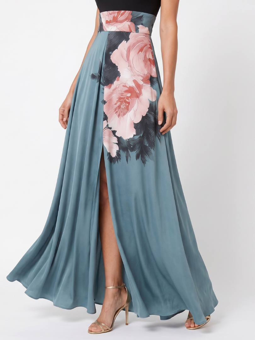 Olympas | Vestido maxi com corpete sem alças e saia floral