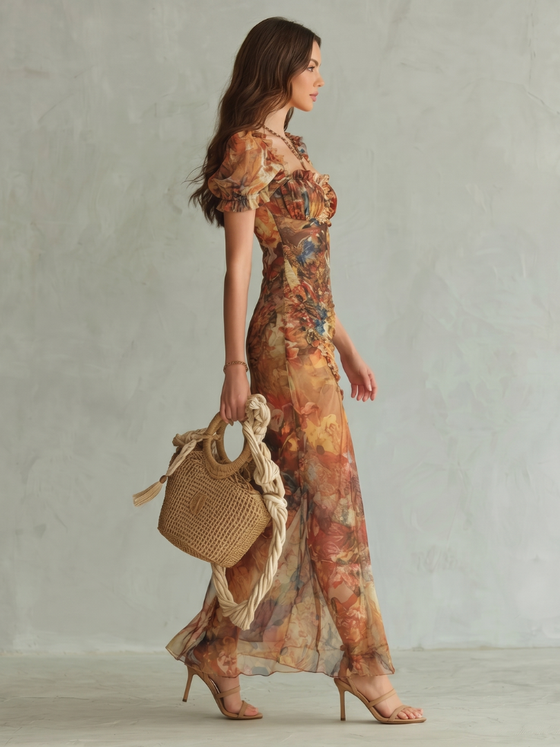 Ciel | Vestido midi com mangas de folhos e racha