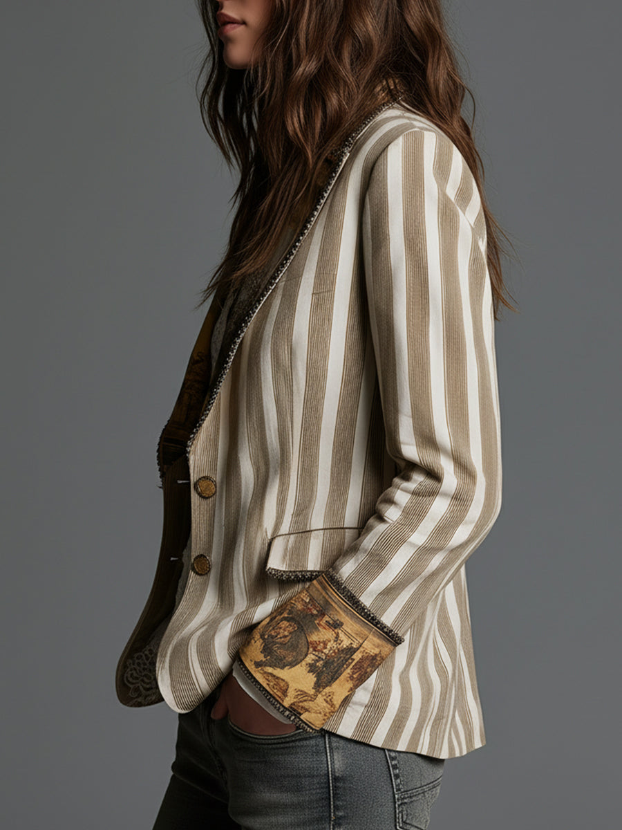 Blazer Boho Feminino às Riscas com Lapela Estampada
