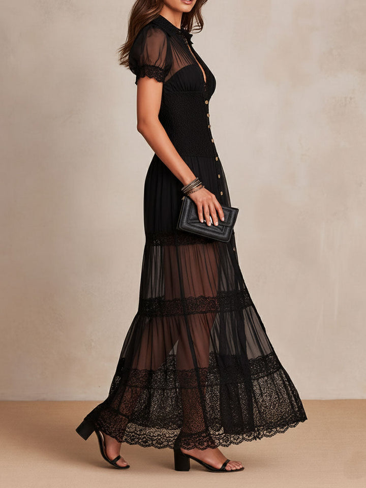 Gillian – Vestido Maxi Preto Elegante com Renda