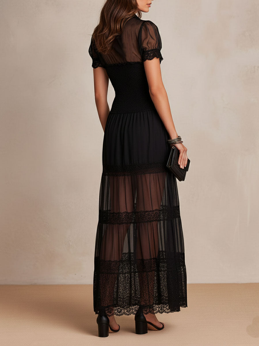 Gillian – Vestido Maxi Preto Elegante com Renda