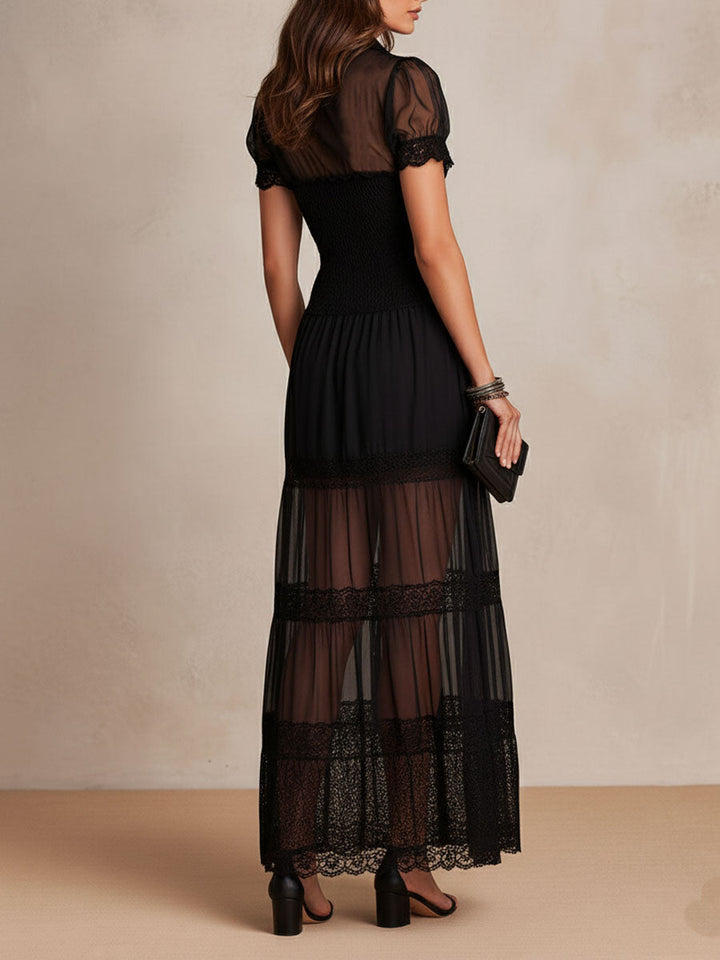 Gillian – Vestido Maxi Preto Elegante com Renda