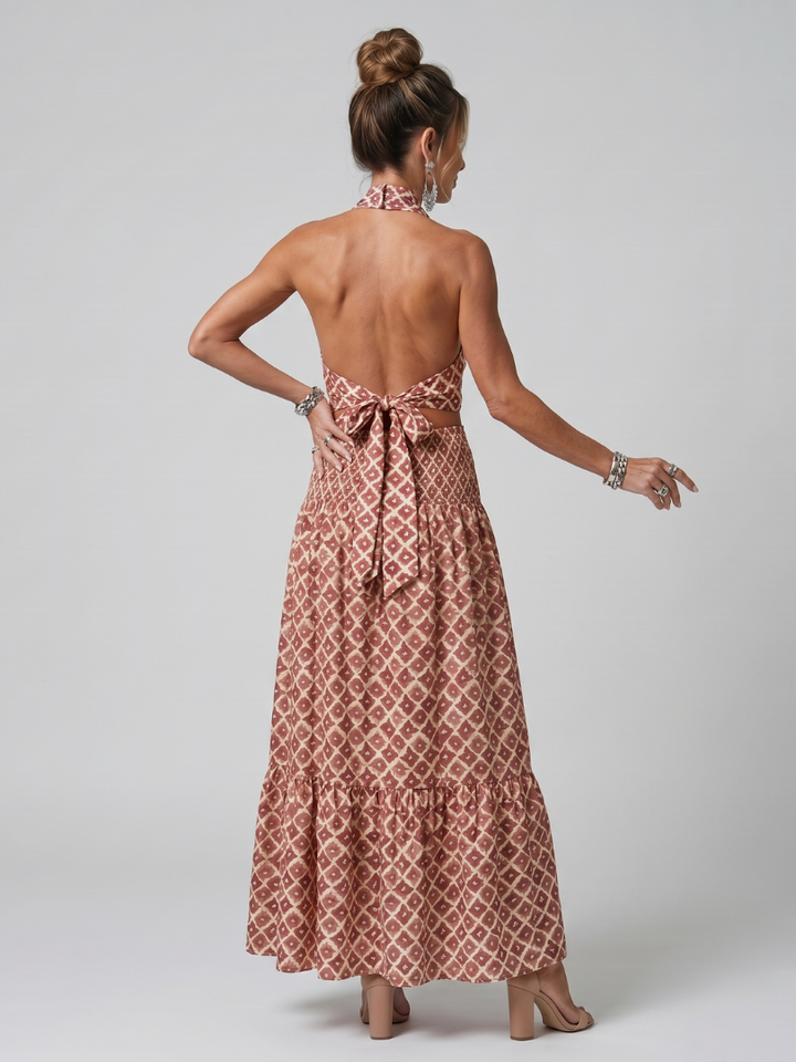 Amira | Vestido midi com estampado geométrico e alças cruzadas