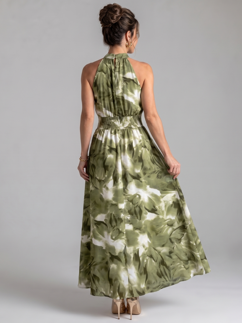 Olivia | Vestido midi com estampado abstrato e faixa de folhos na cintura