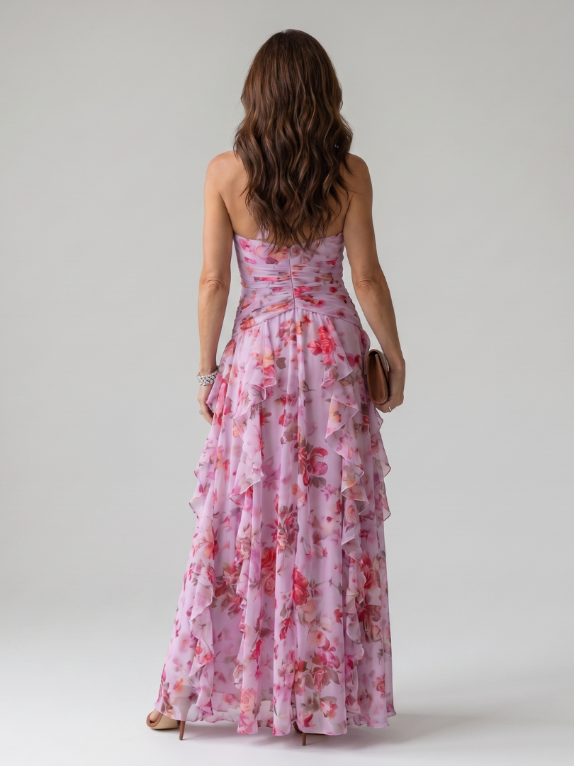 Nori | Vestido maxi floral com decote coração e corpete com folhos