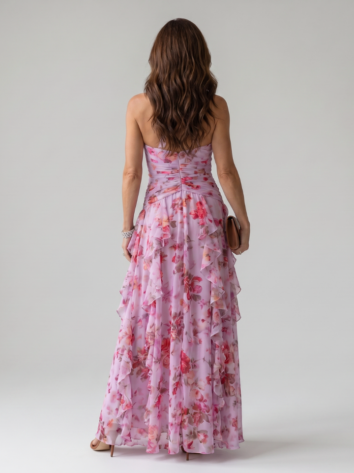 Nori | Vestido maxi floral com decote coração e corpete com folhos