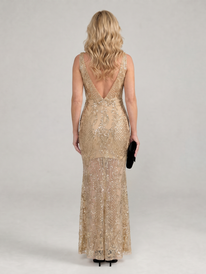 Sirea | Vestido midi sem mangas com lantejoulas e painéis transparentes
