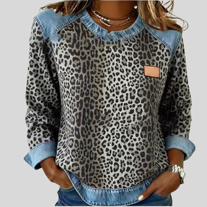 Hollyn™ | Camisola com padrão leopardo e gola em ganga