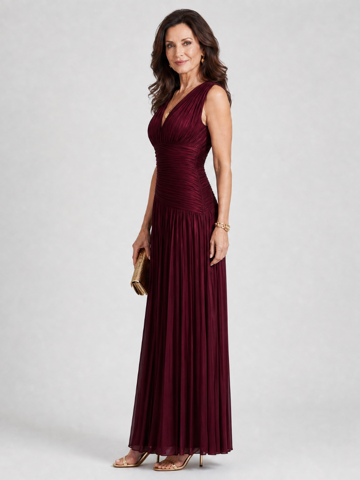 Lemar™ - Vestido Midi Plissado Sem Mangas com Decote em V
