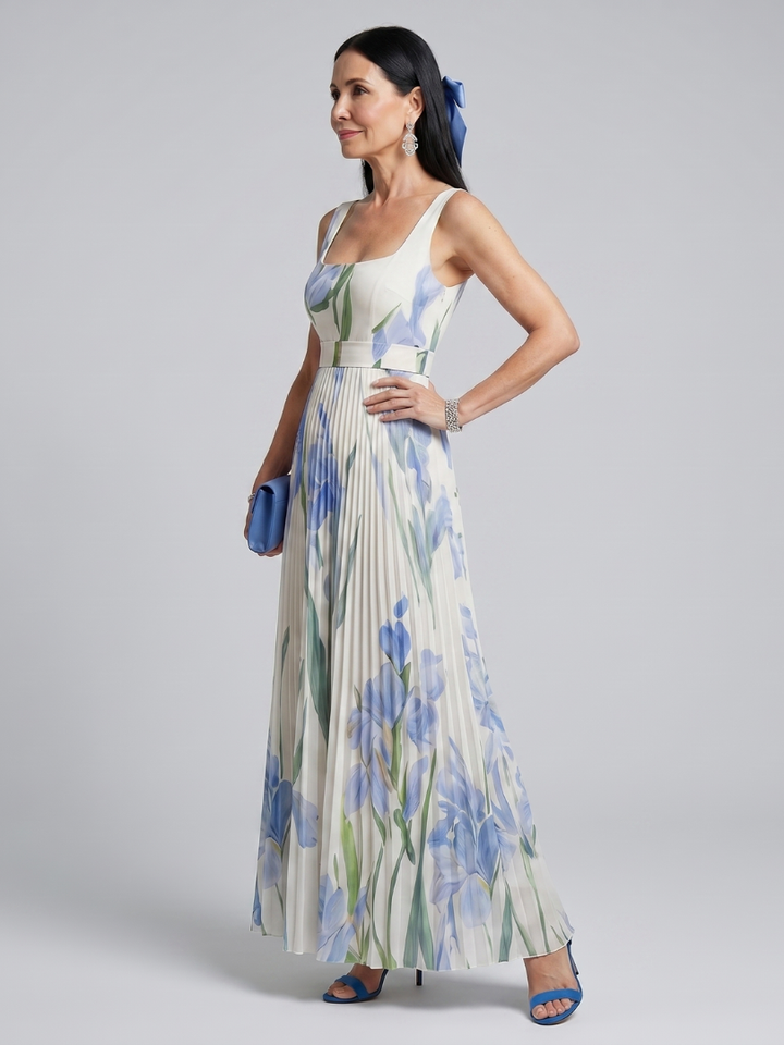 Ophelia | Vestido midi sem mangas com padrão floral e decote quadrado