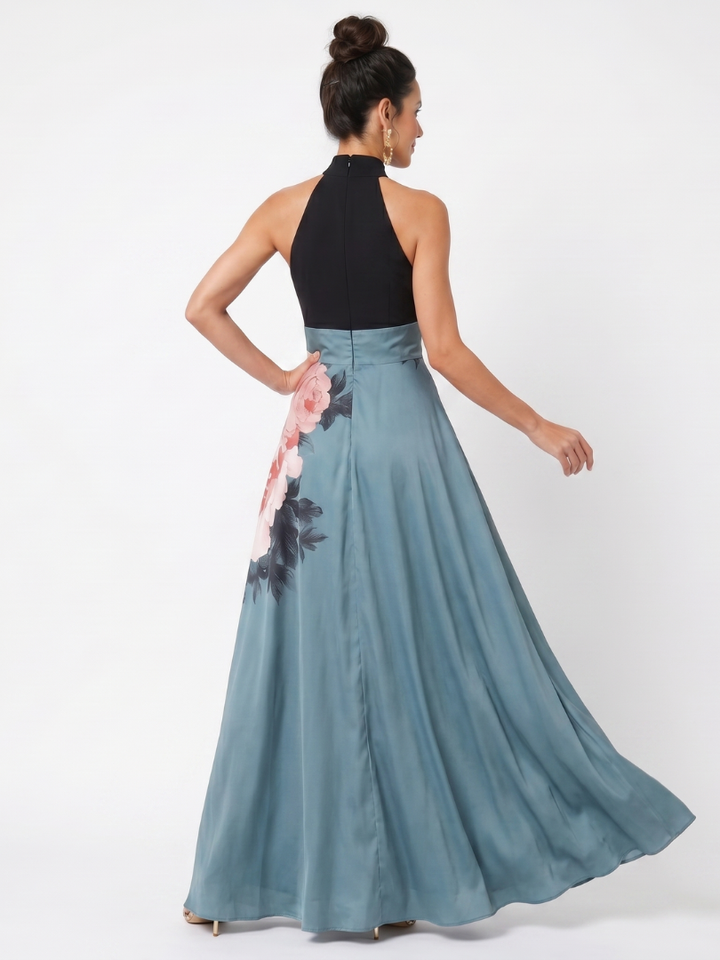 Olympas | Vestido maxi com corpete sem alças e saia floral