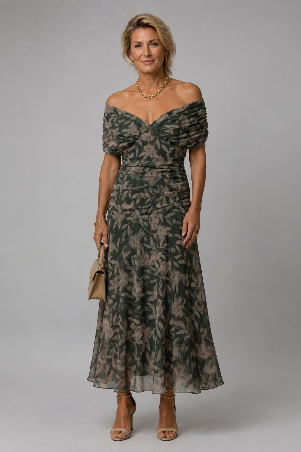 Ariane | Vestido midi drapeado com ombros descobertos