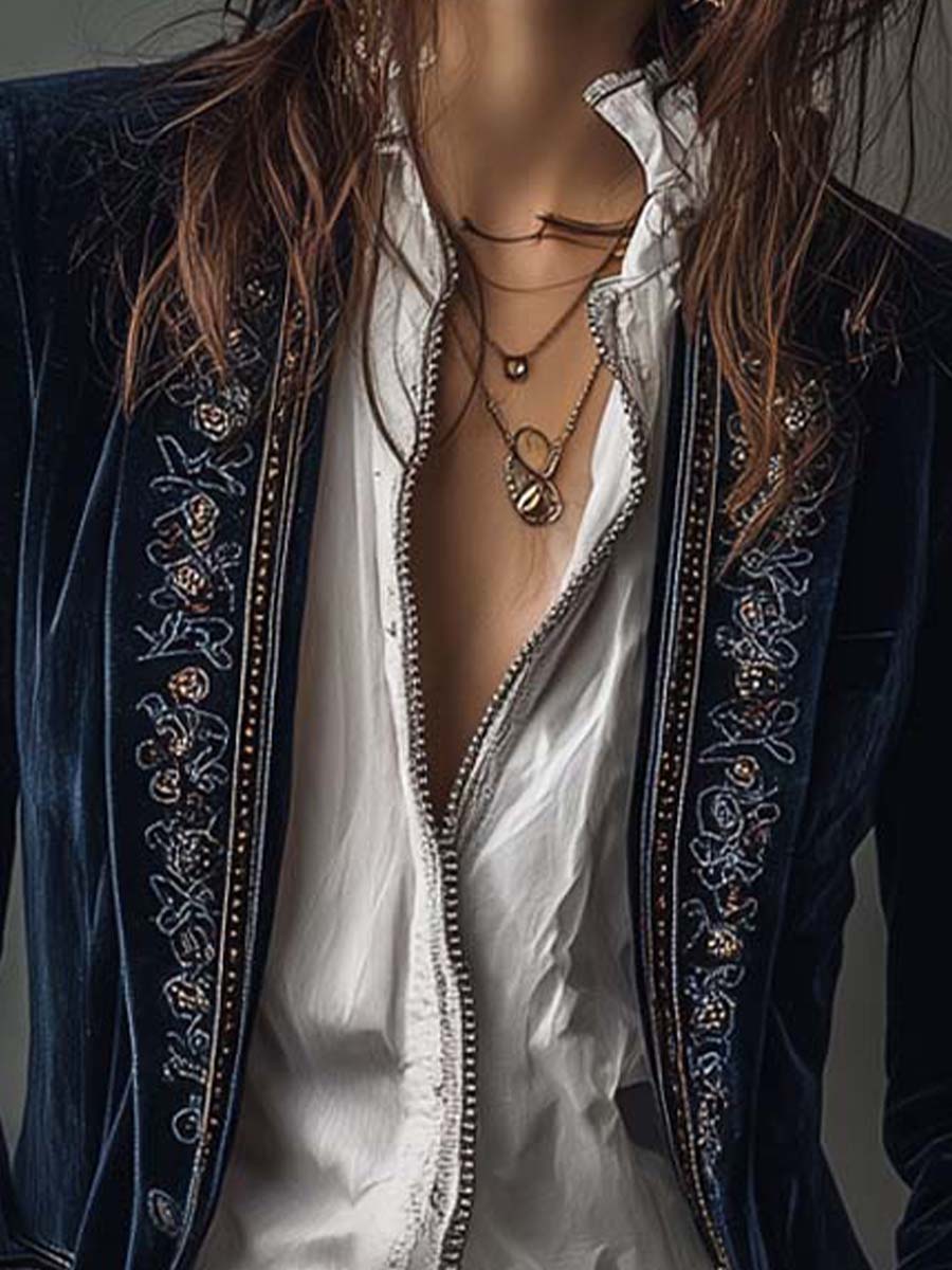 Casaco Longo Vintage Feminino Azul-Marinho com Bordado