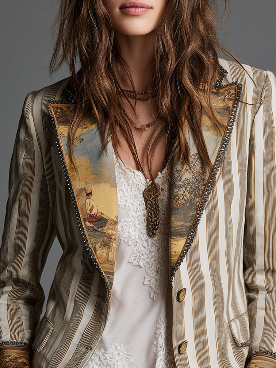 Blazer Boho Feminino às Riscas com Lapela Estampada