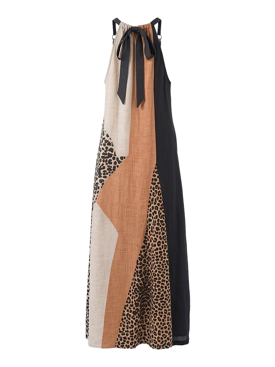 LUCIA | Vestido Maxi Frente Única com Estampado Leopardo e Painéis Assimétricos