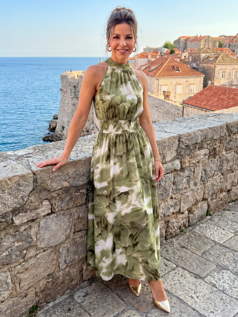 Olivia | Vestido midi com estampado abstrato e faixa de folhos na cintura