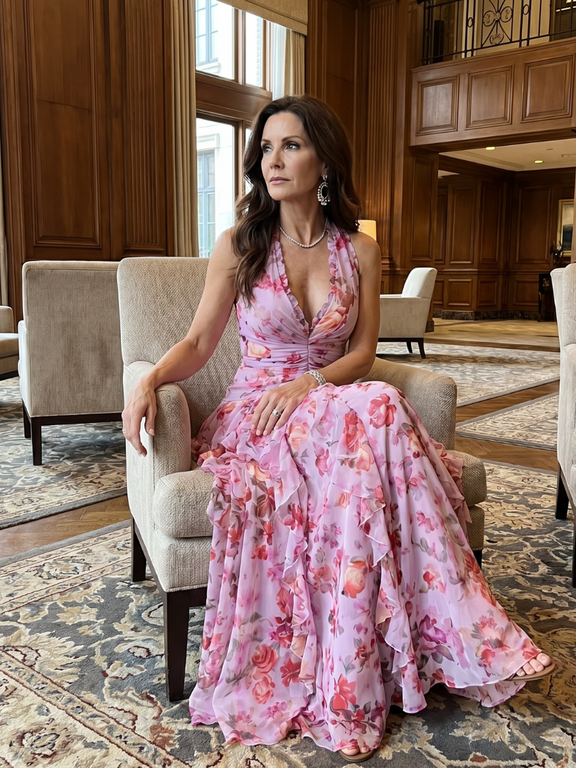 Nori | Vestido maxi floral com decote coração e corpete com folhos