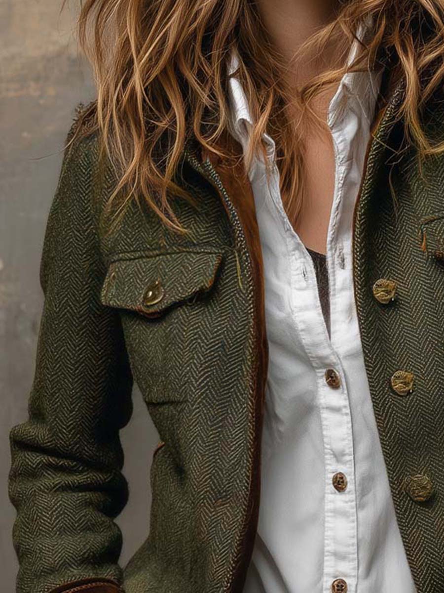 Blazer Vintage Feminino com Padrão Espinha de Peixe e Acabamentos Contrastantes