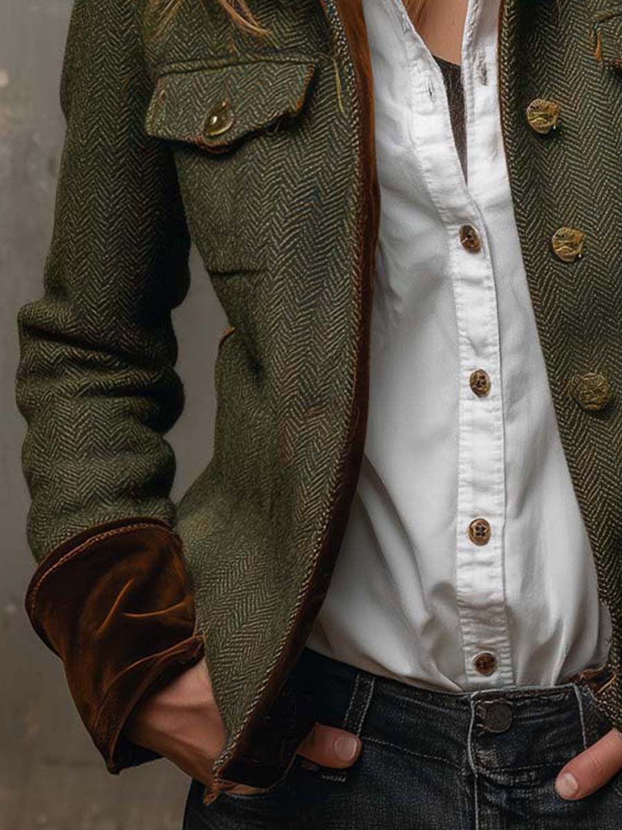 Blazer Vintage Feminino com Padrão Espinha de Peixe e Acabamentos Contrastantes