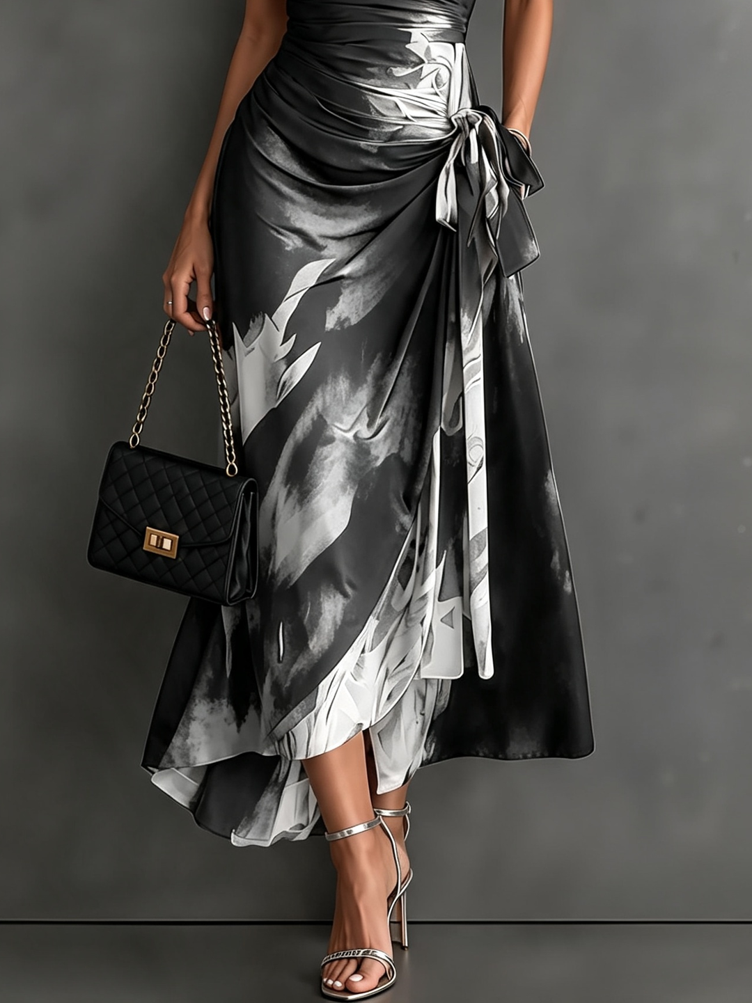 Vestido Midi Trespassado Branco e Preto