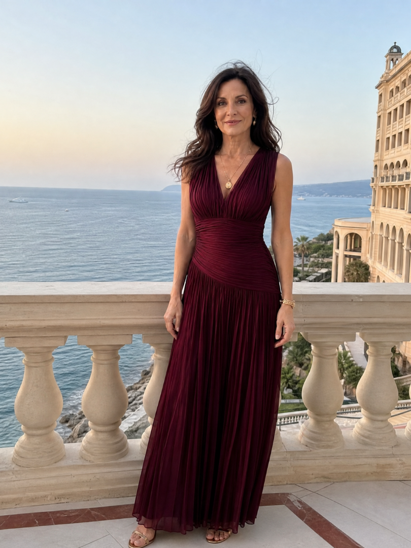 Lemar™ - Vestido Midi Plissado Sem Mangas com Decote em V