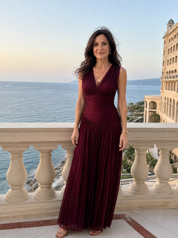 Lemar™ - Vestido Midi Plissado Sem Mangas com Decote em V