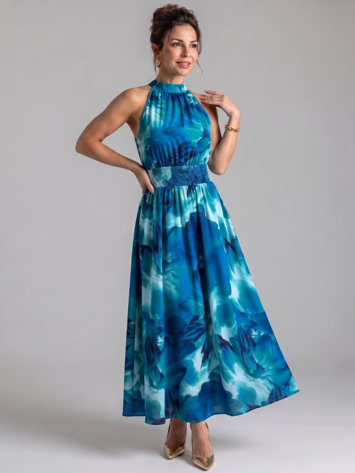 Olivia | Vestido midi com estampado abstrato e faixa de folhos na cintura