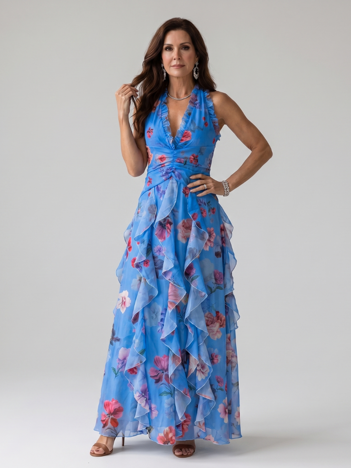 Nori | Vestido maxi floral com decote coração e corpete com folhos